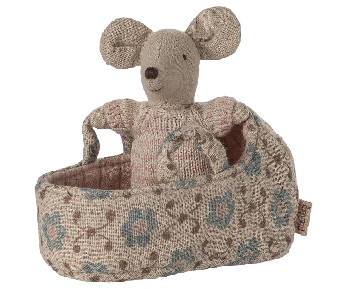 Maileg Baby Mouse in Carry Cot - Rose