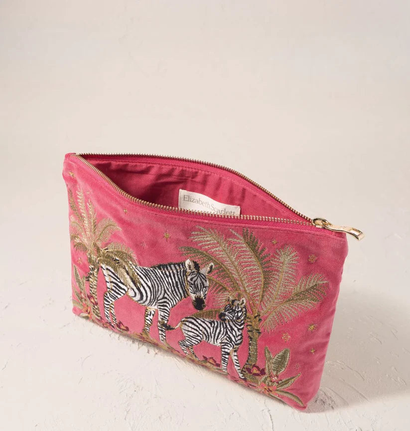 Elizabeth Scarlett Peony Velvet Everyday Pouch - Botanical Zebra