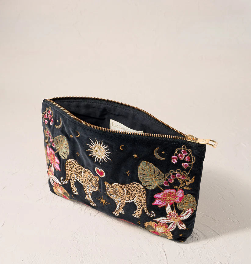 Elizabeth Scarlett Charcoal Velvet Everyday Pouch - Celestial Leopard
