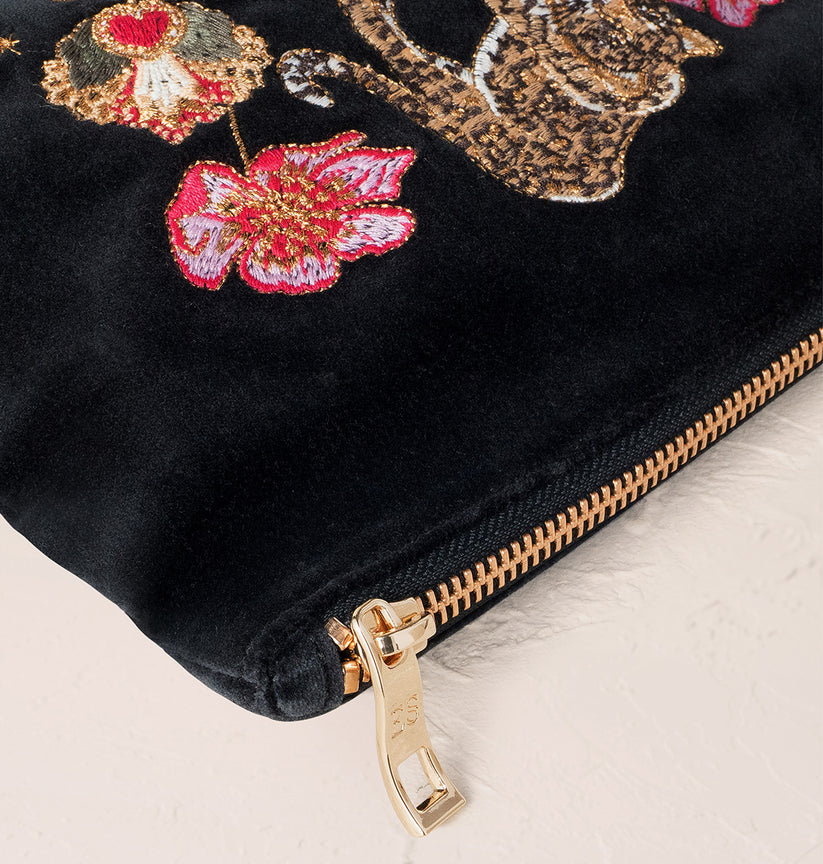Elizabeth Scarlett Charcoal Velvet Mini Pouch - Celestial Leopard
