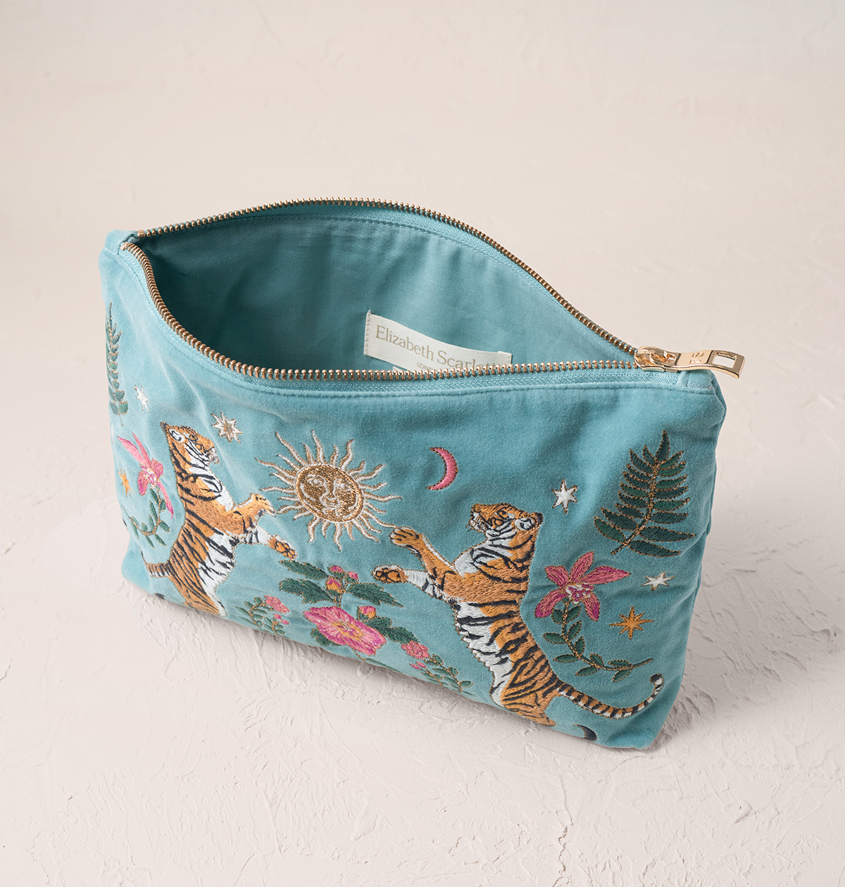 Elizabeth Scarlett Dusky Teal Velvet Everyday Pouch - Celestial Tigers
