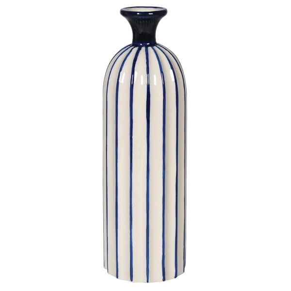 Hand Painted Blue and White Stripe Ceramic Bud Vase