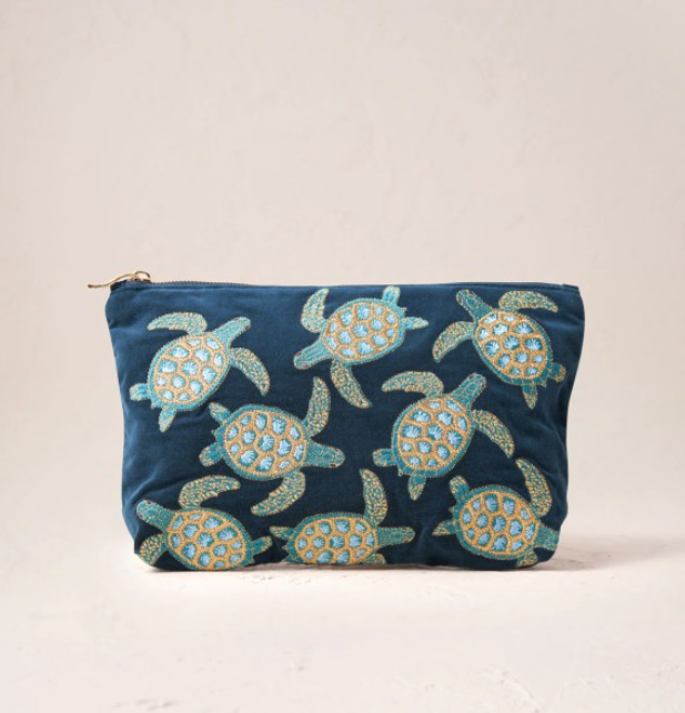 Elizabeth Scarlett Velvet Everyday Pouch - Turtle Conservation Marine Navy