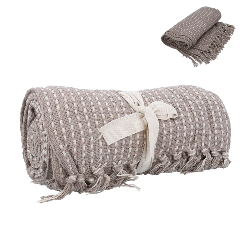 Gisela Graham Beige Woven Stab Stitch Cotton Throw