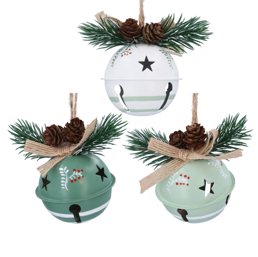 Gisela Graham Metal Hanging Dec 8cm - Green/White Bell w Fir Sprig,