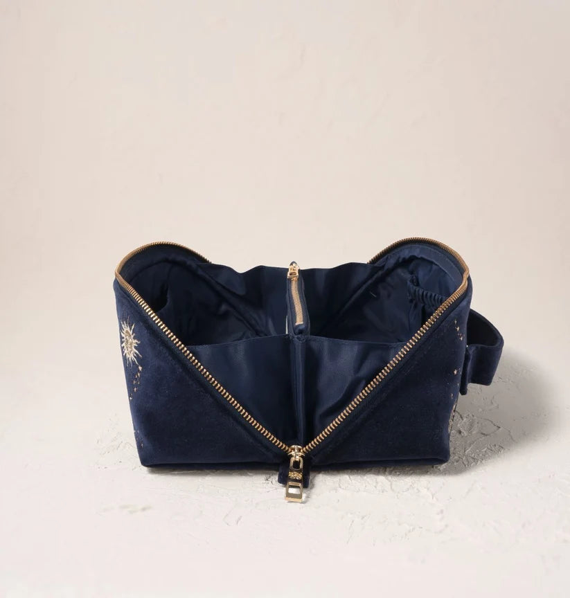 Elizabeth Scarlett Navy Velvet Open Flat Make Up Bag - Celestial Sun & Moon