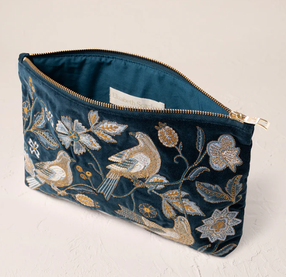 Elizabeth Scarlett Ink Blue Velvet Everyday Pouch - Botanical Birds