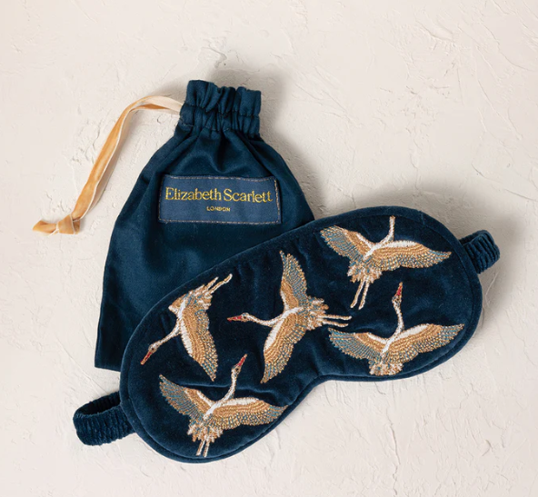 Elizabeth Scarlett Ink Blue Velvet Eye Mask - Cranes