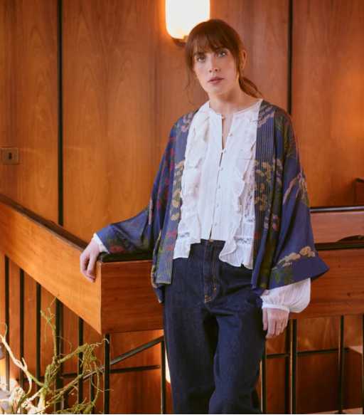 One Hundred Stars Parsley Seed Navy Kimono