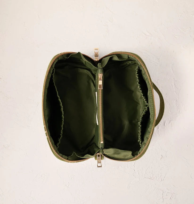 Elizabeth Scarlett Fern Green Velvet Open Flat Make Up Bag