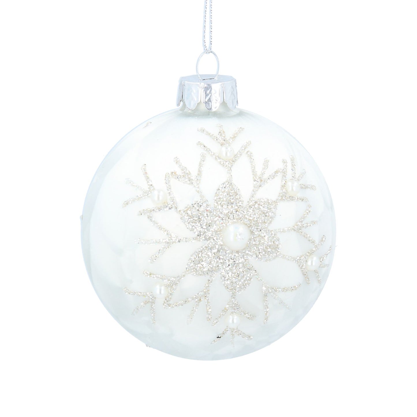 Gisela Graham White Damask Glass Ball with Glitter Snowflake