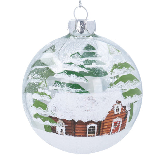 Gisela Graham Clear Glass Ball With Painted Forest Cabin Scene
