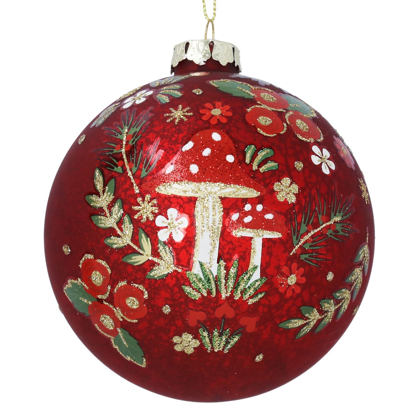 Gisela Graham Antique Red With Glittered Mushrooms Glass Ball