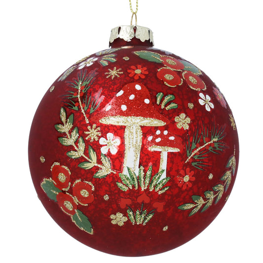 Gisela Graham Antique Red With Glittered Mushrooms Glass Ball