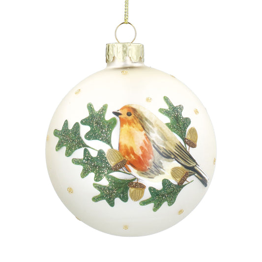 Gisela Graham Glass Ball - Pale Gold/Robin in Oak