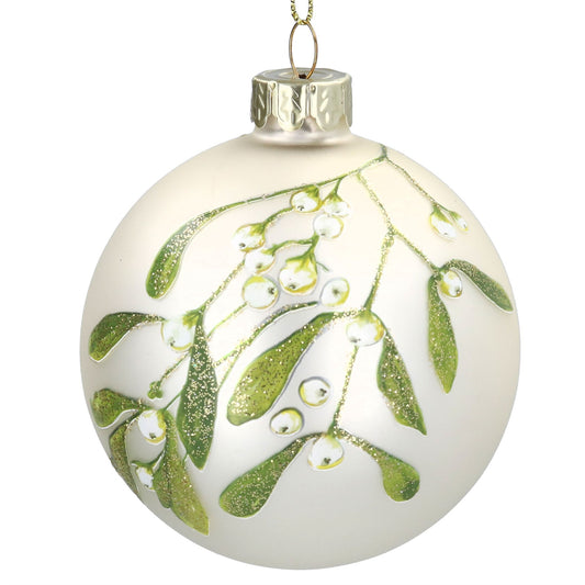 Gisela Graham Glass Ball - Matt off White - Mistletoe