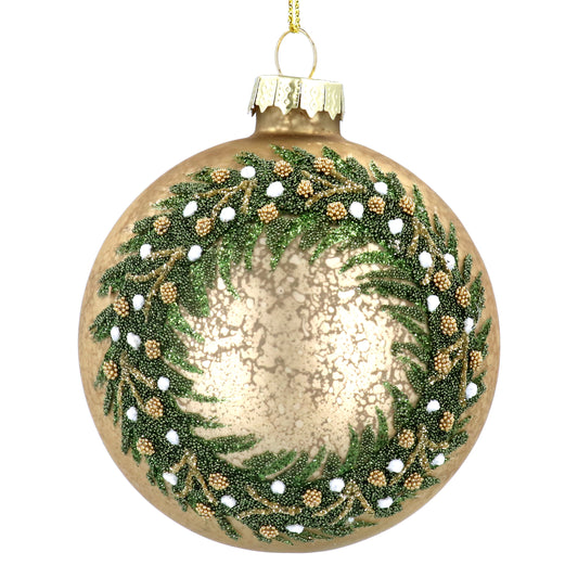 Gisela Graham Antique Gold Glass Ball with Green Beaded Wreath