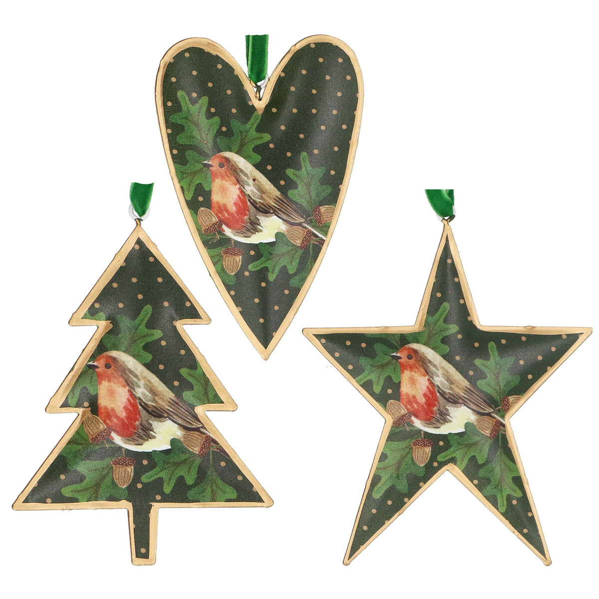 Gisela Graham Tin Decoration - Green/Robin on Sprig