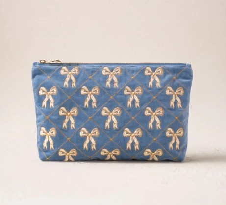 Elizabeth Scarlett Dusky Blue Velvet Everyday Pouch - Lattice Bows