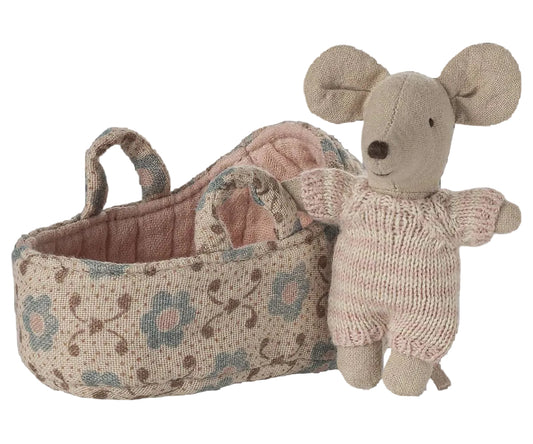 Maileg Baby Mouse in Carry Cot - Rose