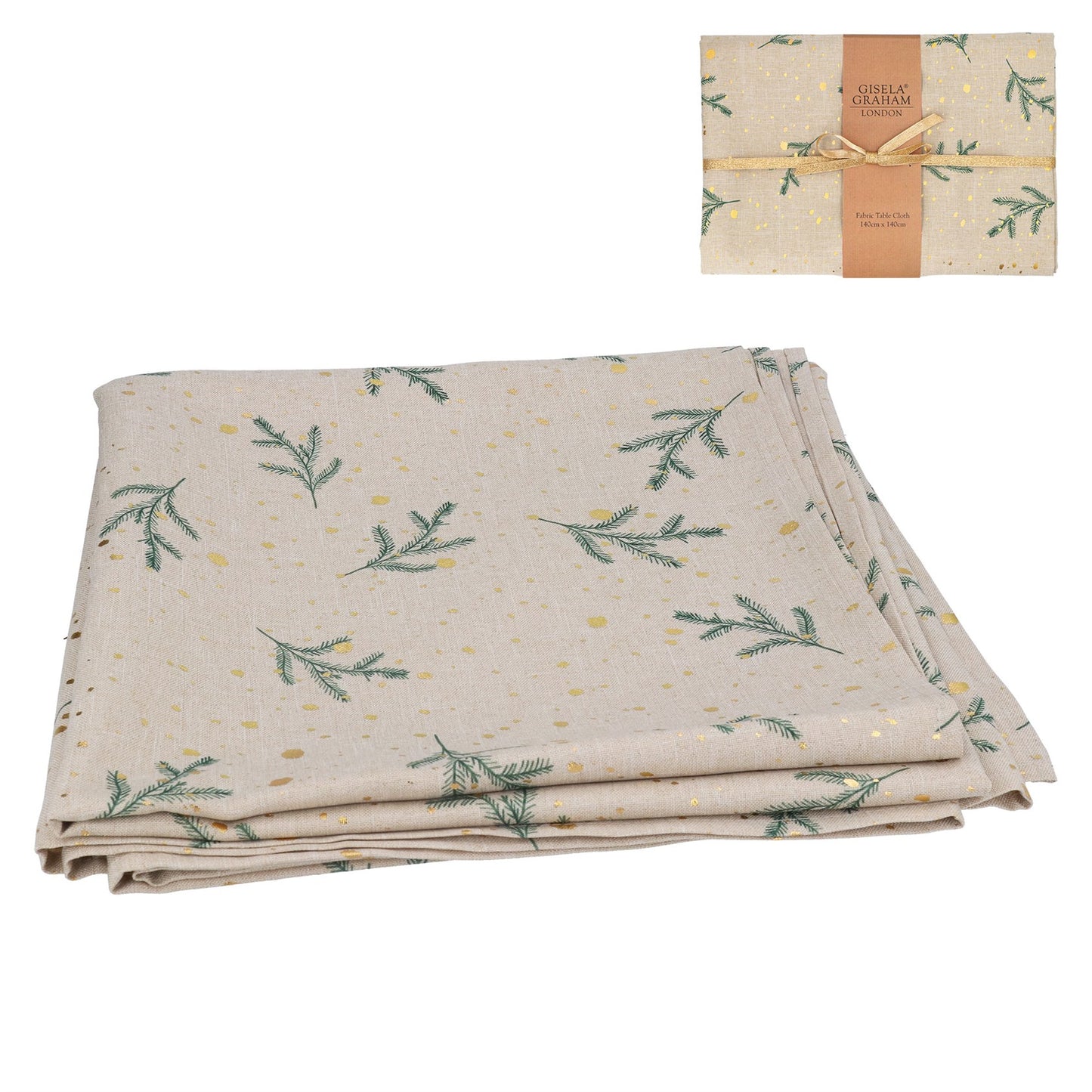 Gisela Graham Fabric Table Cloth With Sprigs/Gold Snow Pattern