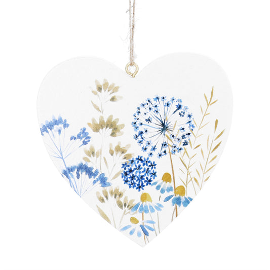 Gisela Graham Blue Meadow Flat Wood Heart Decoration