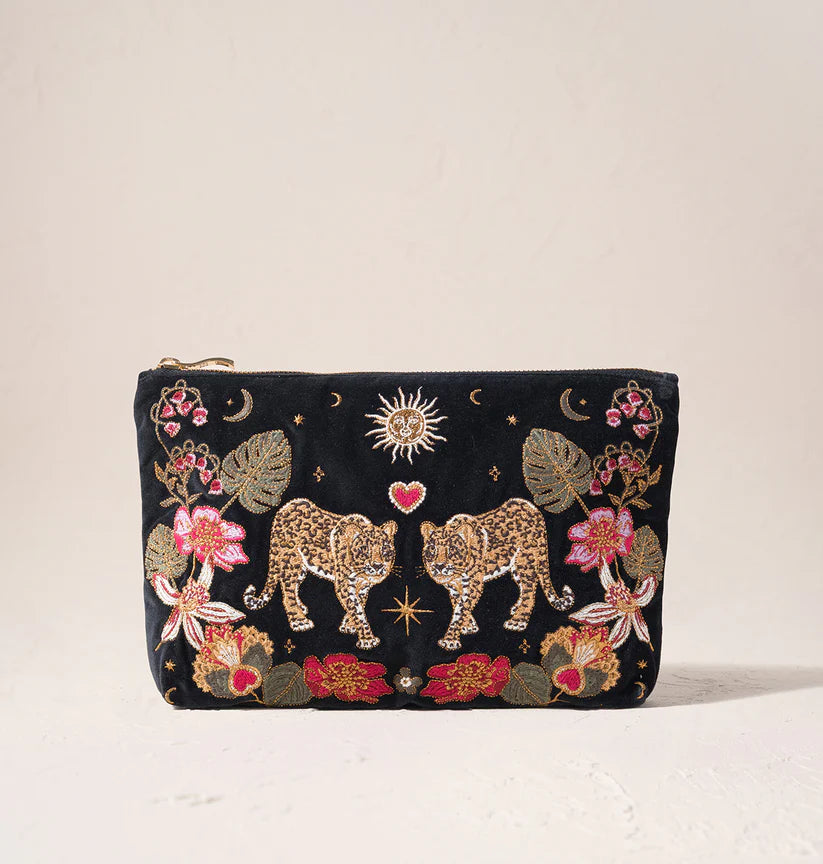 Elizabeth Scarlett Charcoal Velvet Everyday Pouch - Celestial Leopard