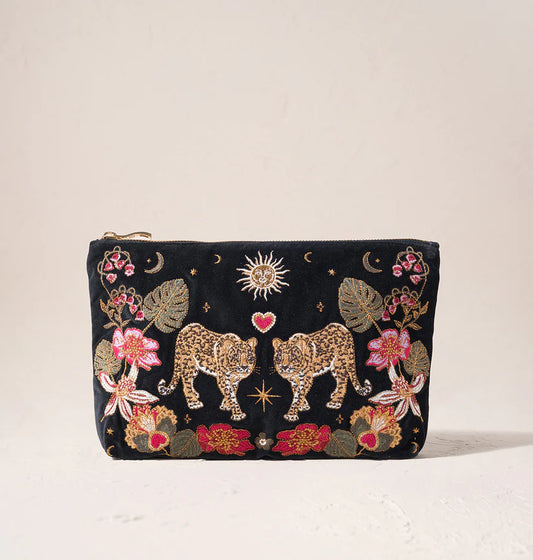 Elizabeth Scarlett Charcoal Velvet Everyday Pouch - Celestial Leopard