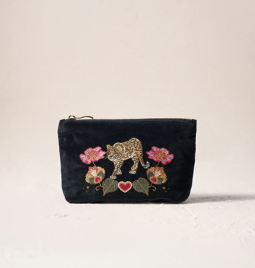 Elizabeth Scarlett Charcoal Velvet Mini  Pouch - Celestial Leopard