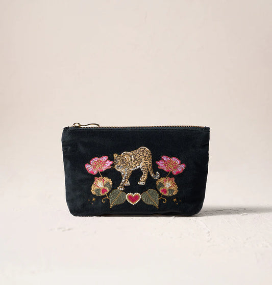 Elizabeth Scarlett Charcoal Velvet Mini  Pouch - Celestial Leopard