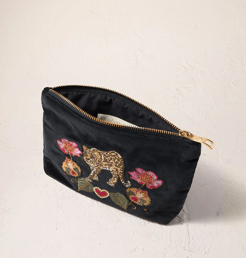 Elizabeth Scarlett Charcoal Velvet Mini  Pouch - Celestial Leopard