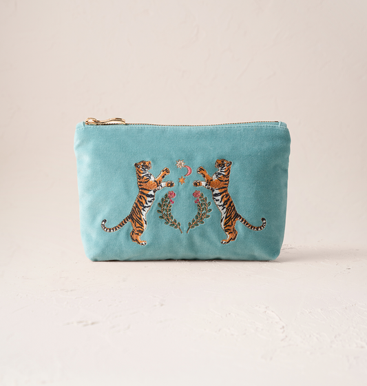 Elizabeth Scarlett Dusky Teal Velvet Mini Pouch - Celestial Tigers