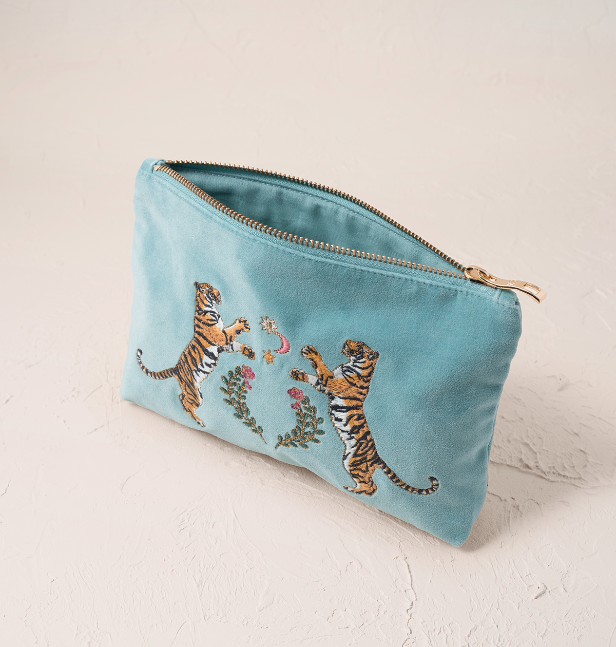 Elizabeth Scarlett Dusky Teal Velvet Mini Pouch - Celestial Tigers