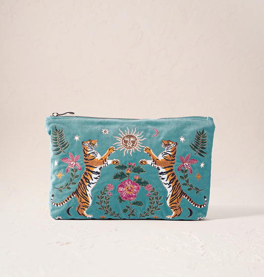 Elizabeth Scarlett Dusky Teal Velvet Everyday Pouch - Celestial Tigers