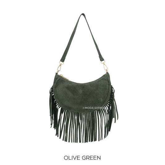 Suede Leather Round Small Bag with Fringes