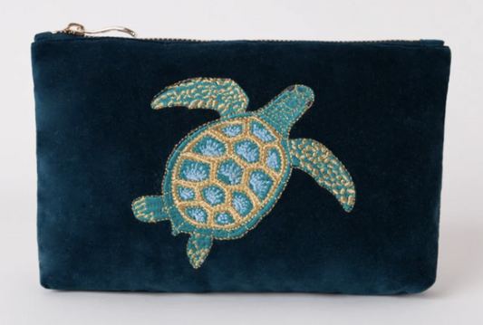 Elizabeth Scarlett Velvet Mini Pouch Turtle Conservation - Marine Navy