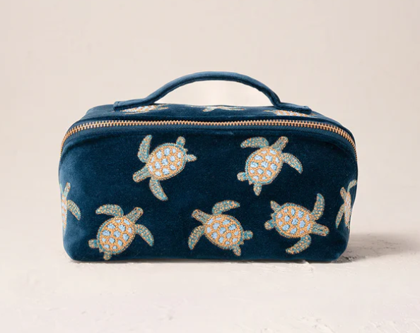 Elizabeth Scarlett Turtle Conservation Marine Navy Velvet Open Flat Makeup Bag