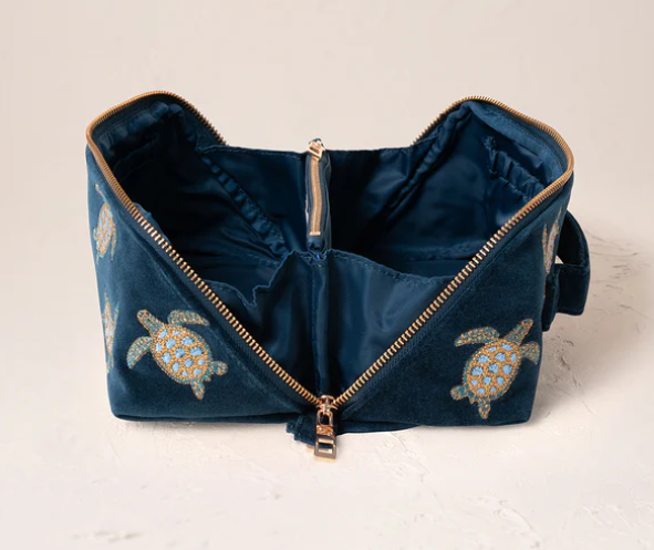 Elizabeth Scarlett Turtle Conservation Marine Navy Velvet Open Flat Makeup Bag