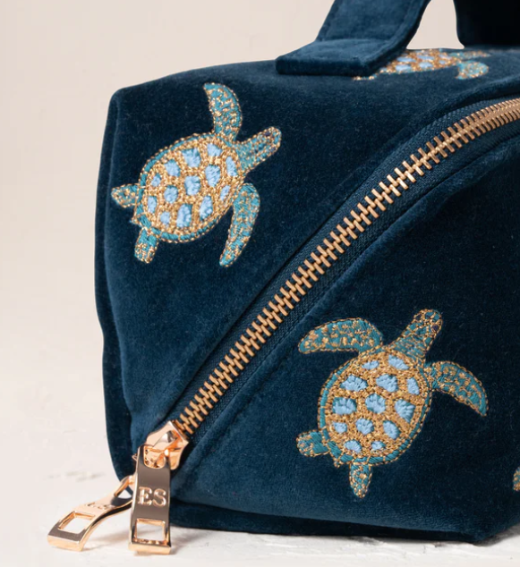 Elizabeth Scarlett Turtle Conservation Marine Navy Velvet Open Flat Makeup Bag