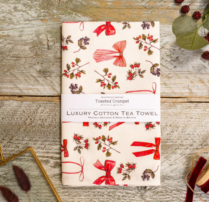 Toasted Crumpet Bows and Berries (Pure) Tea Towel
