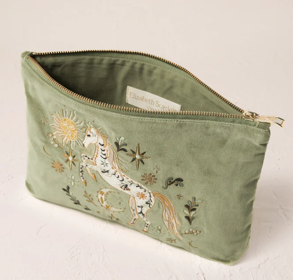 Elizabeth Scarlett Olive Velvet Everyday Pouch - Mystical Horse