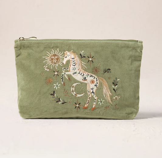 Elizabeth Scarlett Olive Velvet Everyday Pouch - Mystical Horse