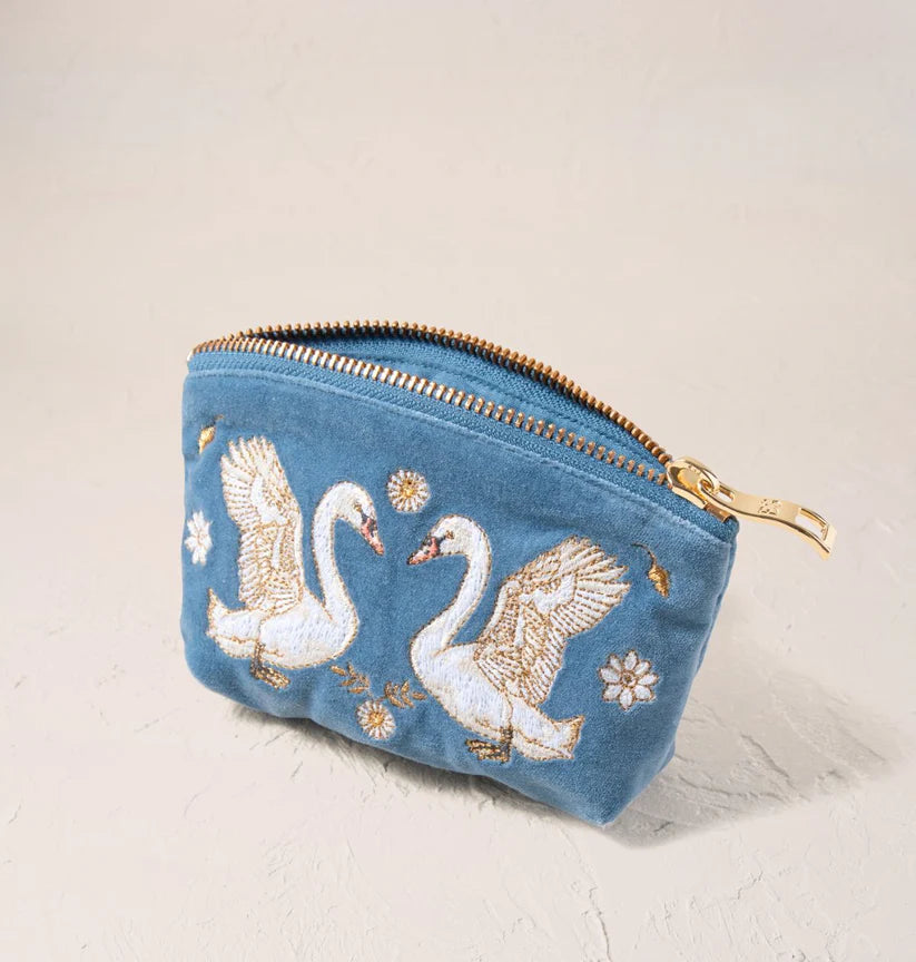 Elizabeth Scarlett Dusky Blue Velvet Coin Purse - Swan Garden
