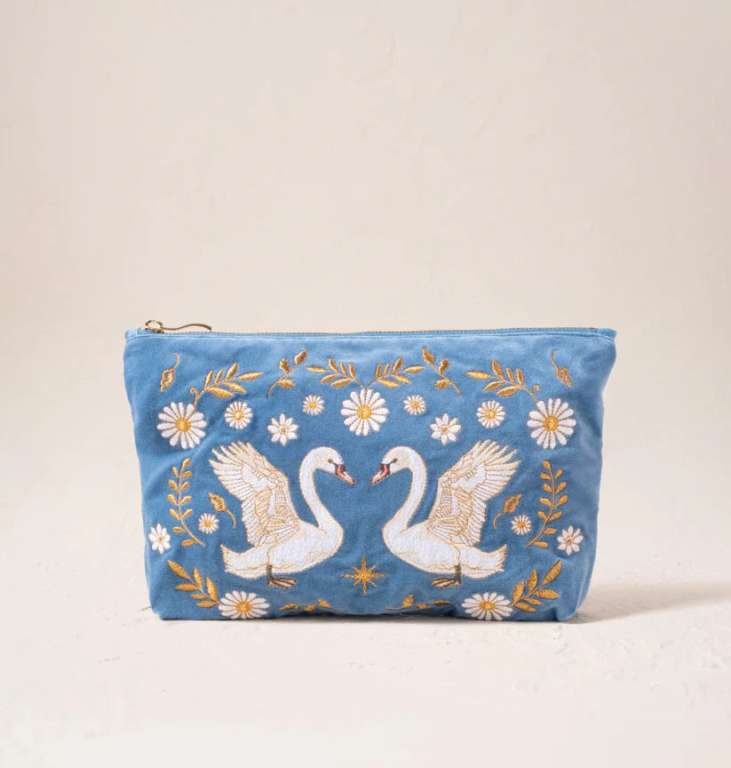 Elizabeth Scarlett Dusky Blue Velvet Everyday Pouch- Swan Garden