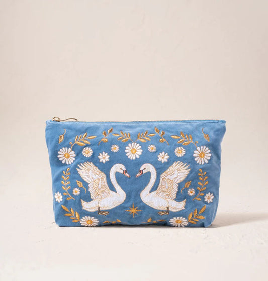 Elizabeth Scarlett Dusky Blue Velvet Everyday Pouch- Swan Garden