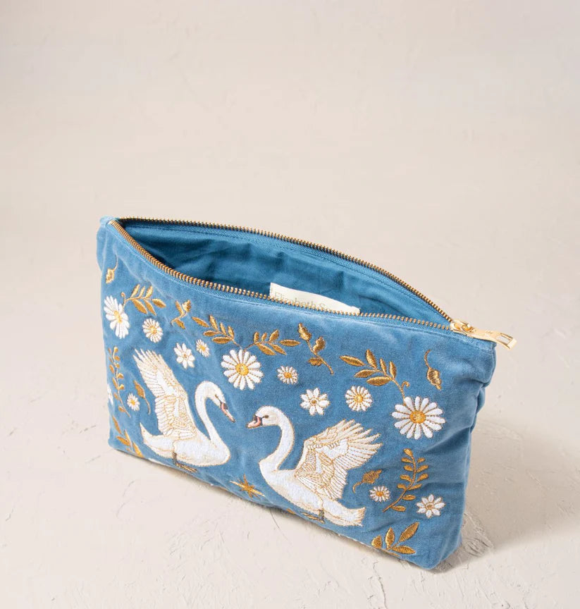 Elizabeth Scarlett Dusky Blue Velvet Everyday Pouch- Swan Garden