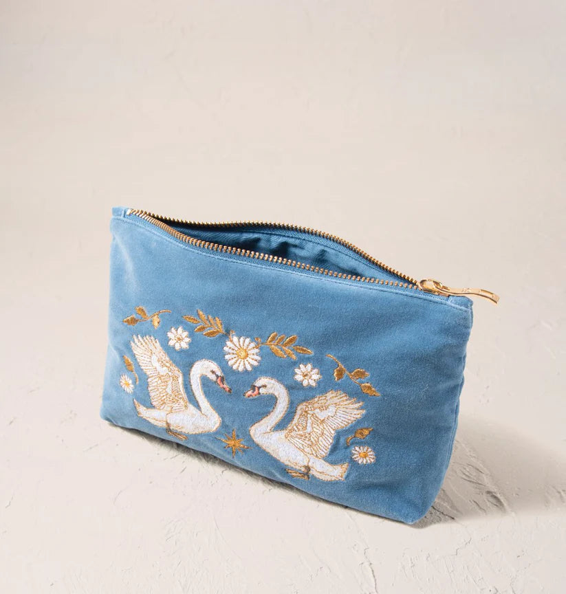 Elizabeth Scarlett Dusky Blue Velvet Mini Pouch - Swan Garden