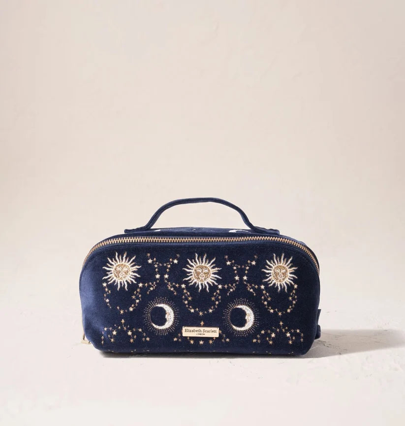 Elizabeth Scarlett Navy Velvet Open Flat Make Up Bag - Celestial Sun & Moon