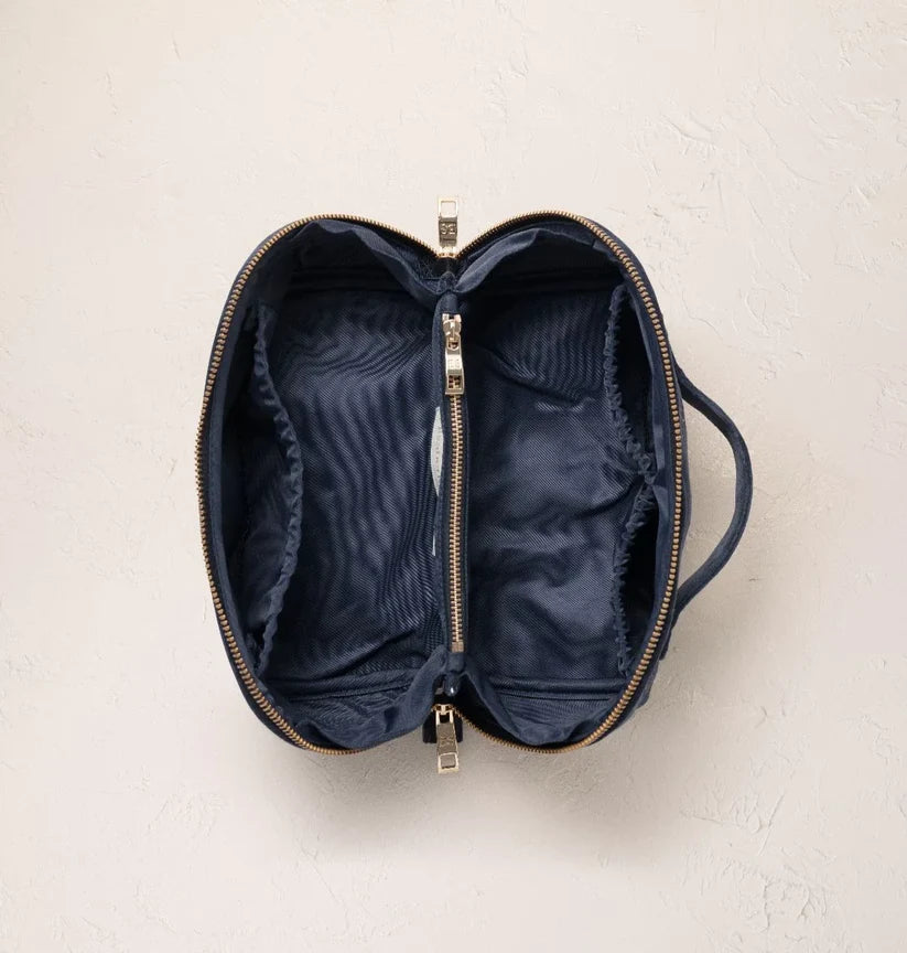 Elizabeth Scarlett Navy Velvet Open Flat Make Up Bag - Celestial Sun & Moon