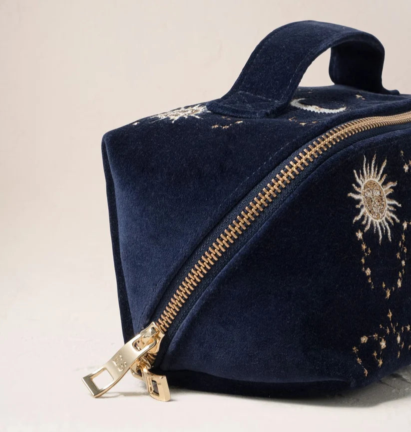 Elizabeth Scarlett Navy Velvet Open Flat Make Up Bag - Celestial Sun & Moon